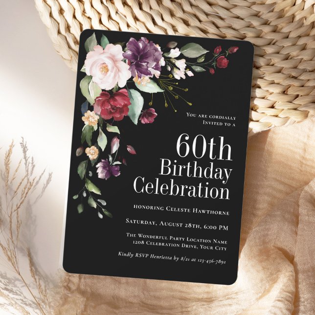 Invitation Boho Red Blush et Purple Floral 60e anniversaire (Available as printed or paperless digital download!)