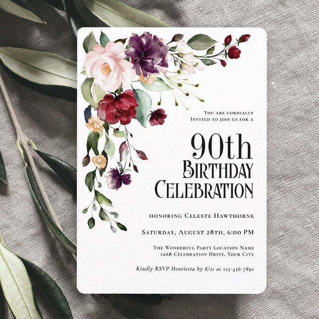 Invitation Boho Red Blush et Purple Floral 90e anniversaire (Créateur téléchargé)