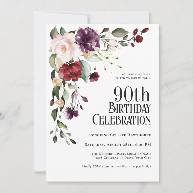 Invitation Boho Red Blush et Purple Floral 90e anniversaire (Devant)