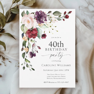 Invitation Boho Red et violet Floral 40e fête d'anniversaire