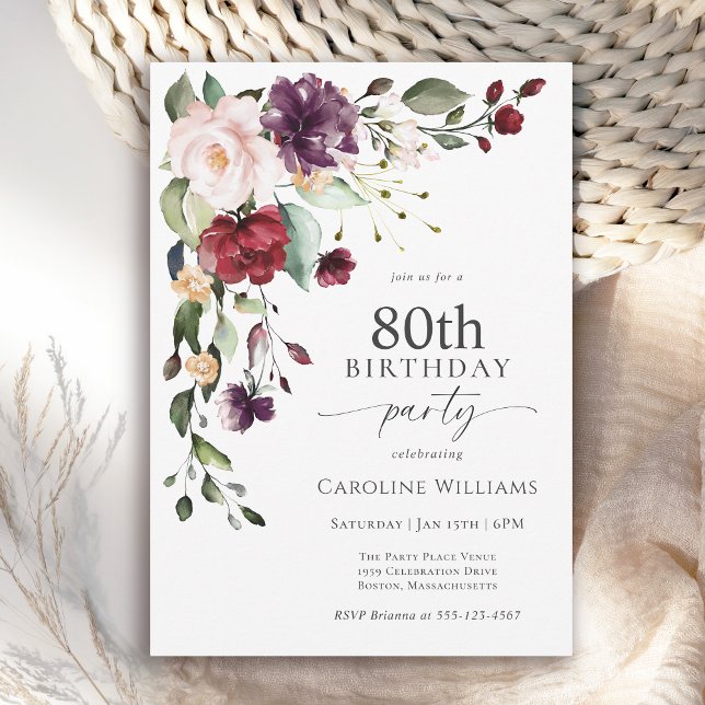 Invitation Boho Red et violet Floral 80e fête d'anniversaire (Available in both printed and instant download digital formats.)