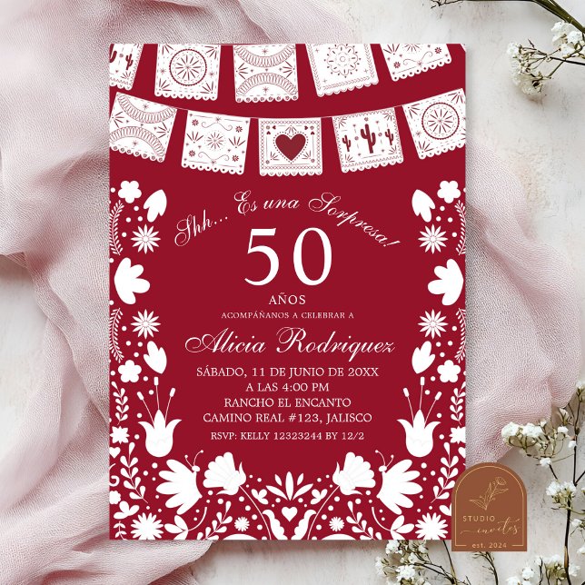 Invitation Boho Red Maroon Talavera Mexican Surprise Birthday (Créateur téléchargé)