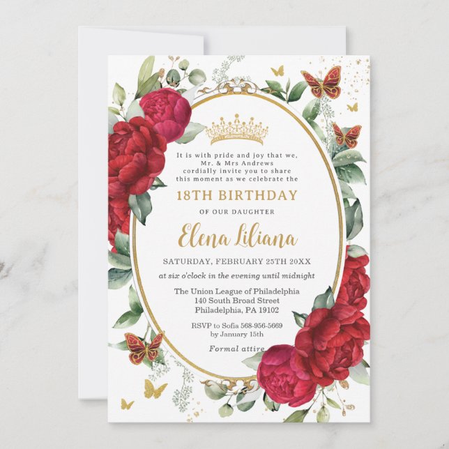 Invitation Boho Red Peonies Floral Butterflies 18e anniversai (Devant)