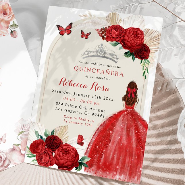 Invitation Boho Red Roses Princesse Royal Quinceañera (Créateur téléchargé)