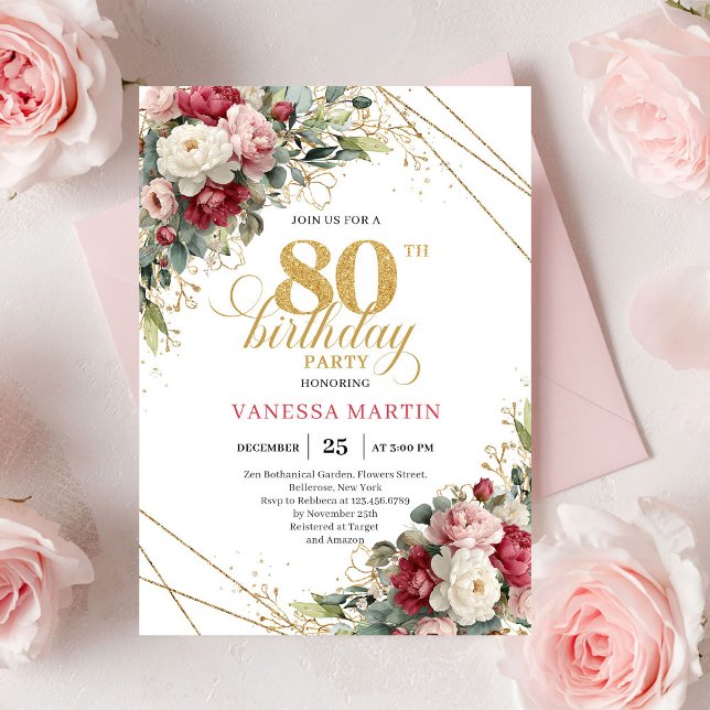 Invitation Boho Red White Greenery 80th Birthday Invite (Boho Red White Greenery 80th Birthday Invite)