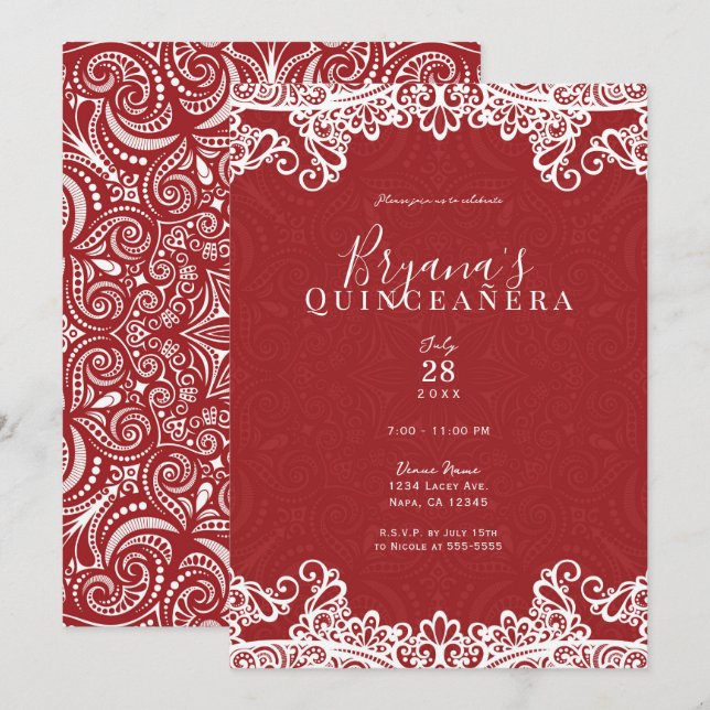 Invitation Boho Red White Lace Bold 15ème 15 Quinceañera Part (Devant / Derrière)