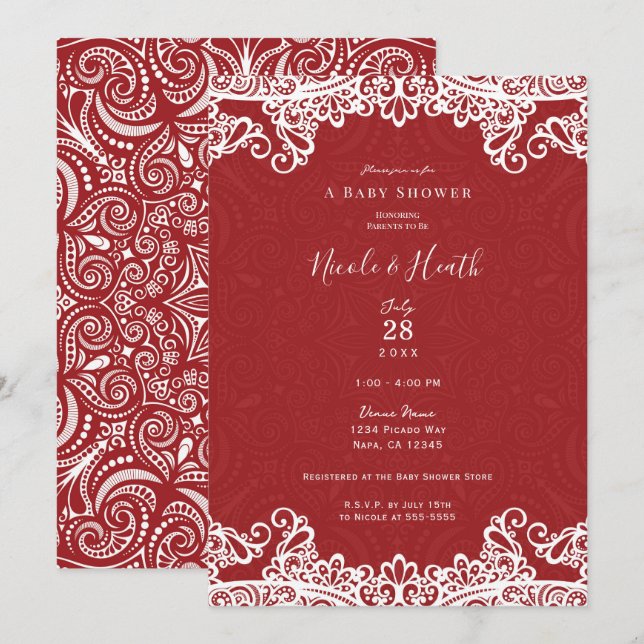 Invitation Boho Red & White Lace Bold Baby shower Motif (Devant / Derrière)