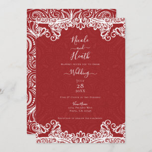 Invitation Boho Red & White Lace Bold Motif Mariage