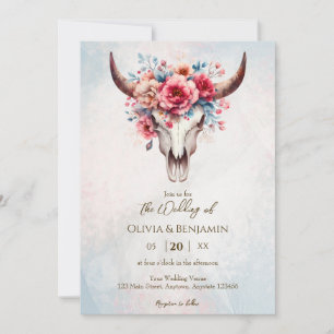 Invitation Boho Ressort Aquarelle Floral Vache Mariage crâne