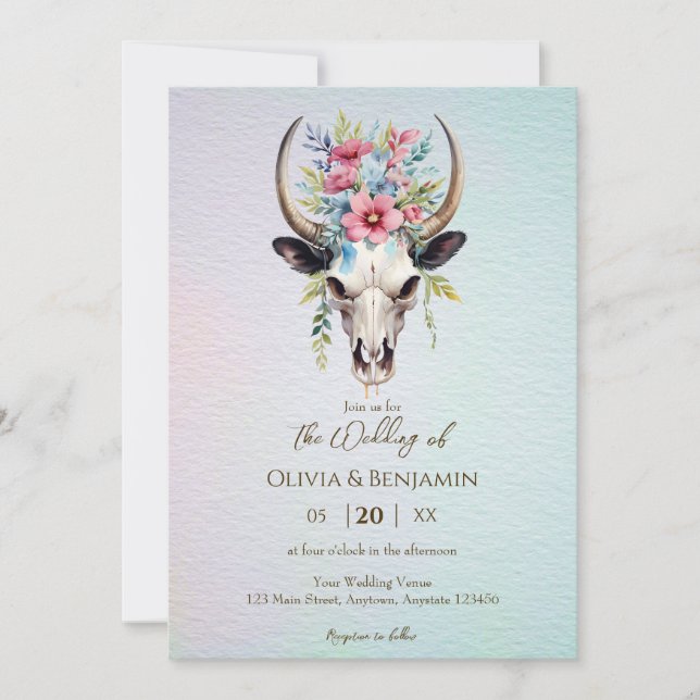 Invitation Boho Ressort Aquarelle Floral Vache Mariage crâne (Devant)