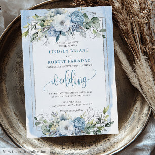 Invitation Boho romantique Pastel Bleu Blanc Fleurs d'argent