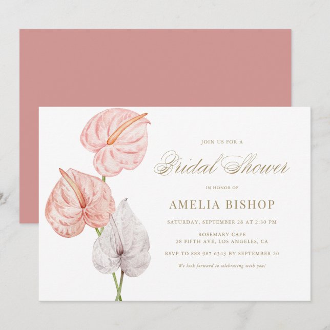 Invitation Boho rose Aquarelle Anthuriums Fête des mariées Or (Devant / Derrière)