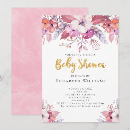 Invitation Boho rose Aquarelle Fleurs Baby shower fille