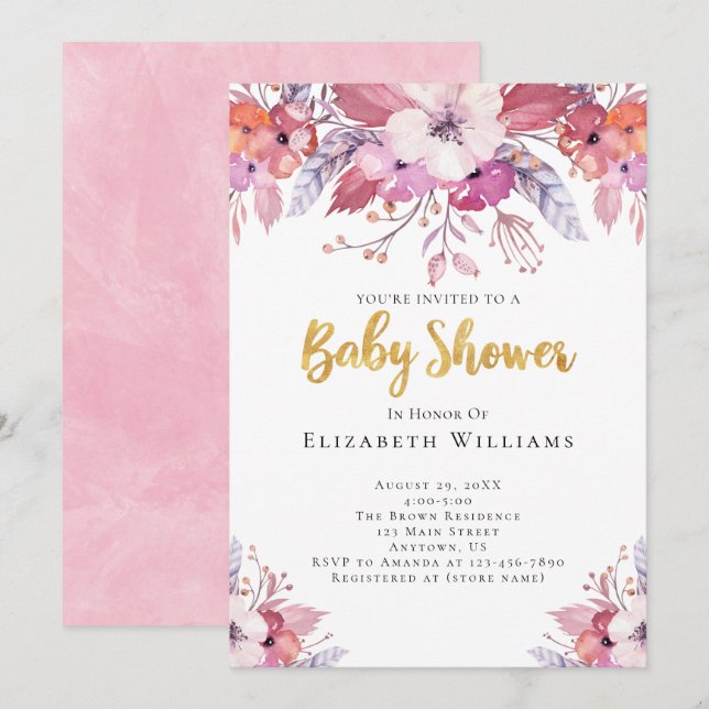 Invitation Boho rose Aquarelle Fleurs Baby shower fille (Devant / Derrière)