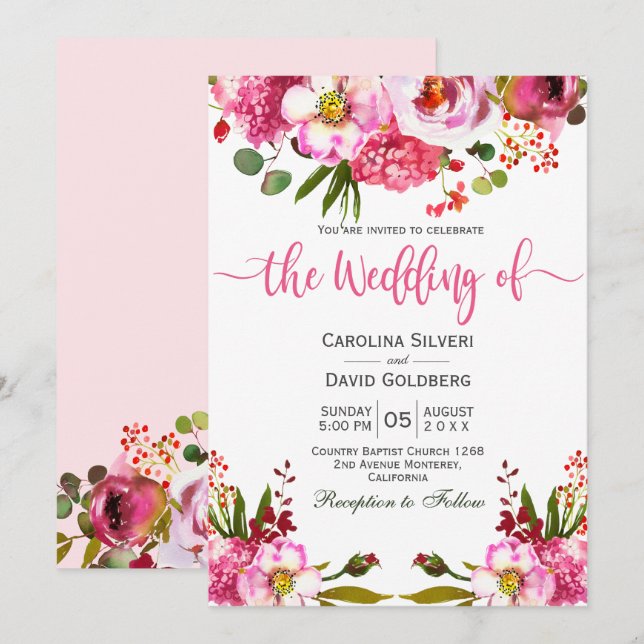 Invitation Boho Rose Aquarelle Florale Typographie Mariage (Devant / Derrière)