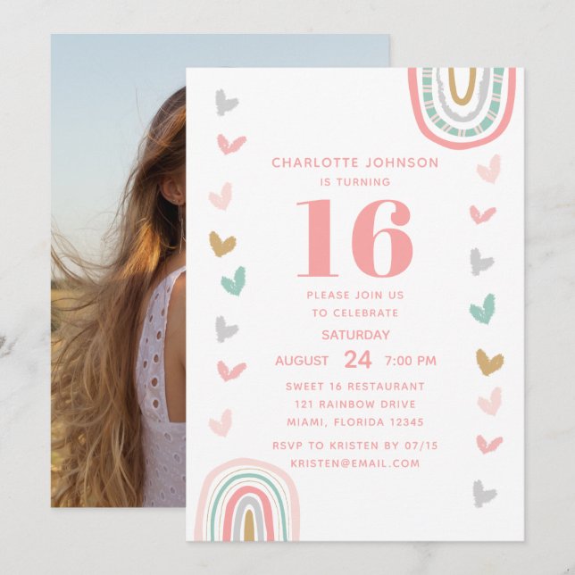 Invitation Boho rose arc-en-ciel moderne 16e fête d'anniversa (Devant / Derrière)