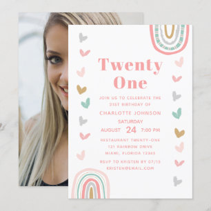 Invitation Boho rose arc-en-ciel moderne 21e fête d'anniversa
