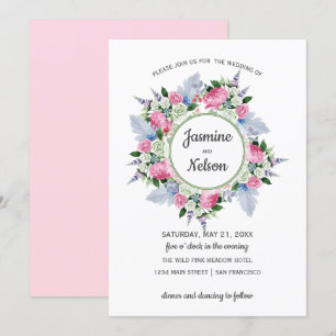Invitation Boho rose blanc Lavande Fleurs cadre Mariage