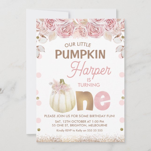 Invitation Boho rose Brown Floral Citrouille 1er anniversaire (Devant)