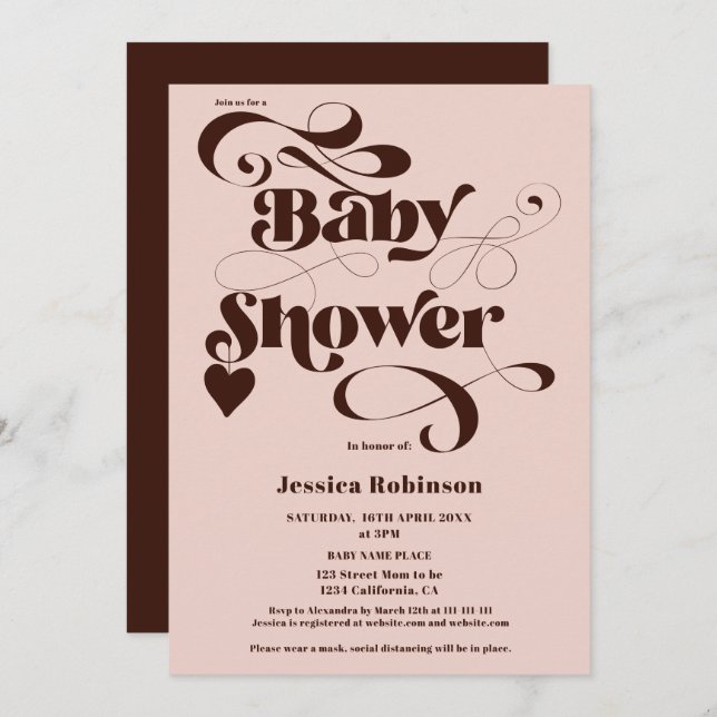Invitation boho rose brun script baby shower gras (Devant / Derrière)
