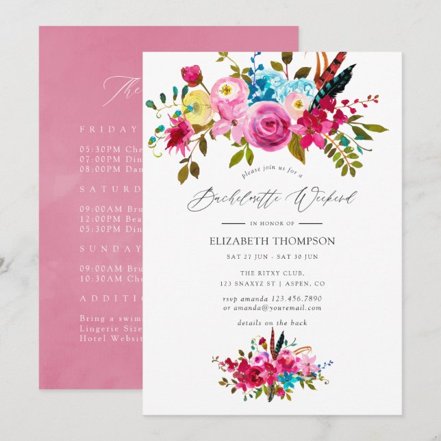 Invitation Boho rose Chic Floral Bachelorette Week-end (Devant / Derrière)
