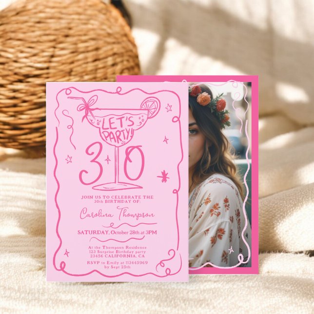 Invitation Boho rose curieux gribouillis fantaisie 30 ans (Boho pink quirky whimsical scribbles 30 birthday invitation)