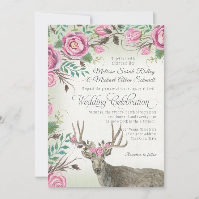 Invitation BOHO Rose de Bohême Floral Crown Deer Antler Sage (Devant)