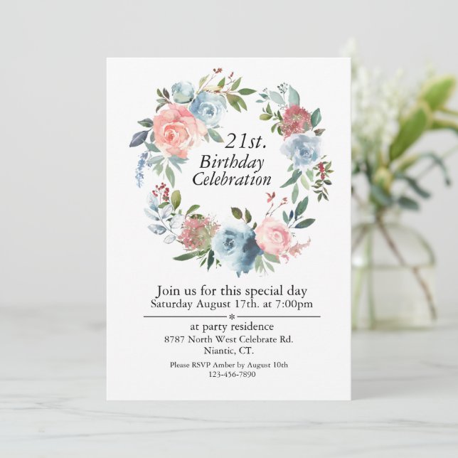 Invitation Boho rose et bleu, personnalisable 21e anniversair (Debout devant)