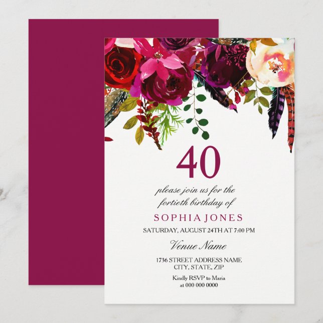 Invitation Boho rose et bordeaux Floral 40e fête d'anniversai (Devant / Derrière)
