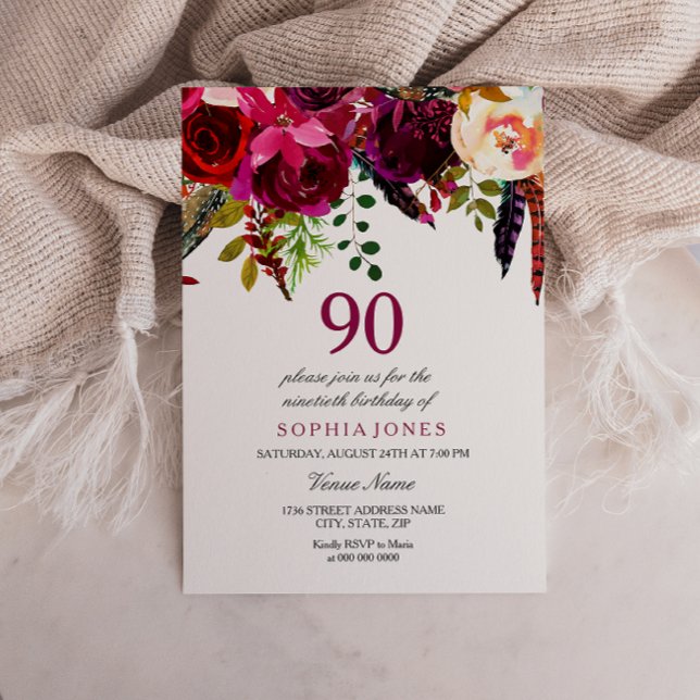 Invitation Boho rose et bordeaux Floral 90e fête d'anniversai (Créateur téléchargé)