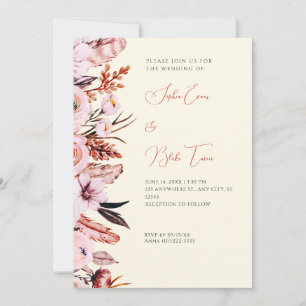 Invitation Boho rose et Brown Fleurs/Plumes Mariage jaune