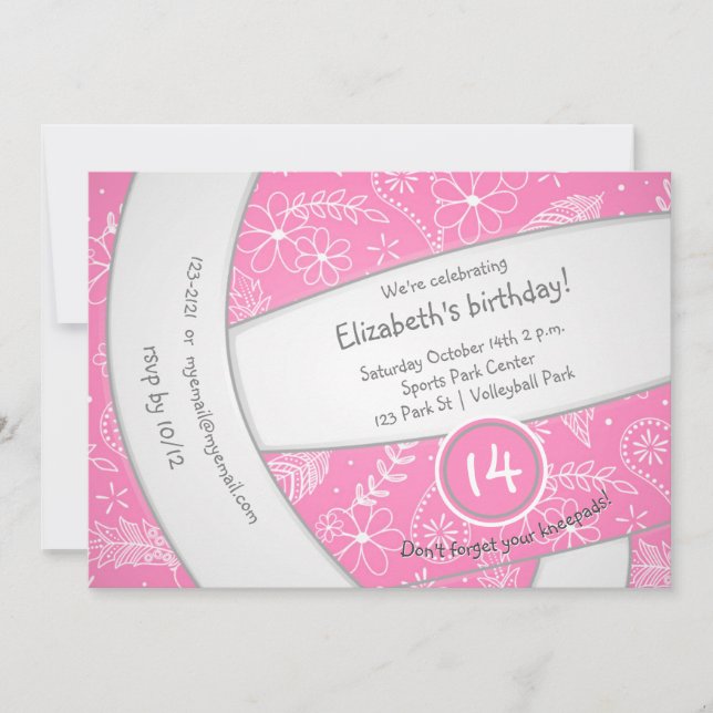 Invitation boho rose fleuri doodball sport anniversaire (Devant)