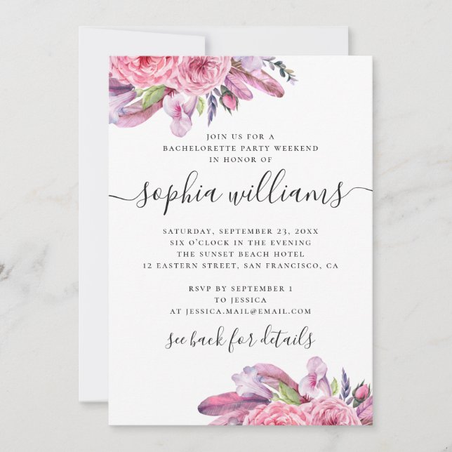 Invitation Boho rose fleurs et plumes fête de bachelorette (Devant)