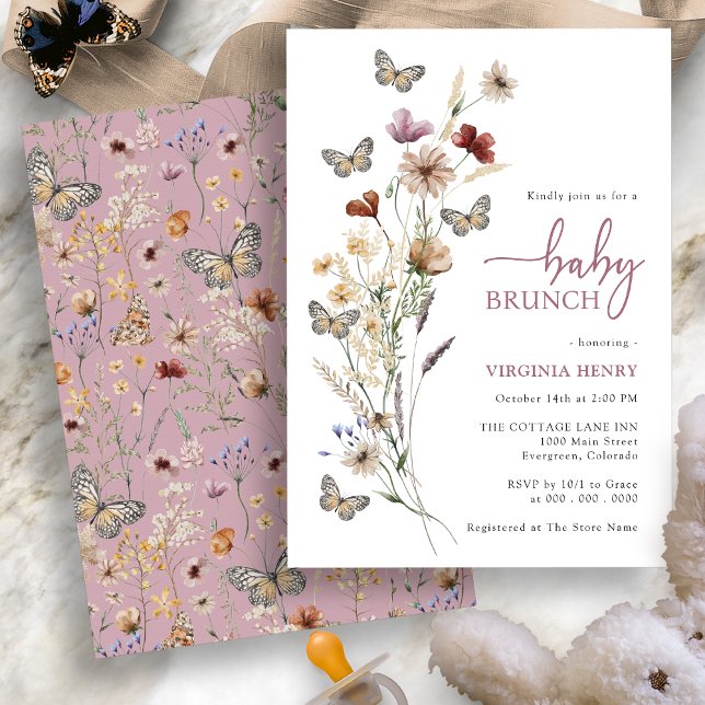 Invitation Boho rose Floral Bébé Brunch (Dusty Pink Boho Floral Baby Brunch Invitation with Butterflies by Painted Paperie
)