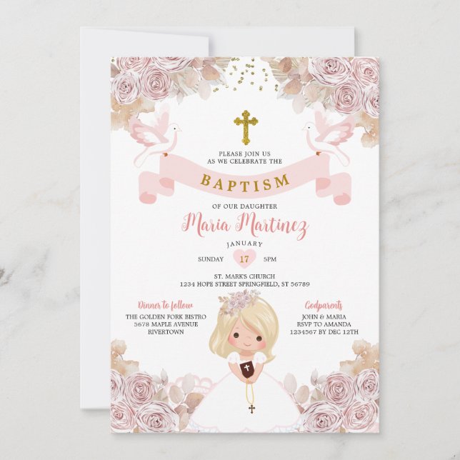 Invitation Boho Rose Floral Blonde Petite Fille Baptême Saint (Devant)
