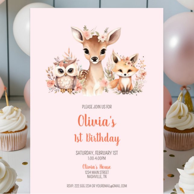 Invitation Boho rose Floral Bois animal 1er anniversaire (Boho Blush Pink Floral Woodland Animal 1st Birthday Invitation, Girl Birthday Party, Deer Owl Fox)
