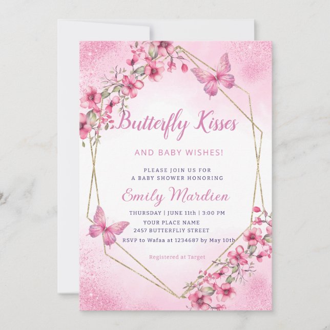 Invitation Boho rose Floral Butterfly Baisers Baby shower fil (Devant)