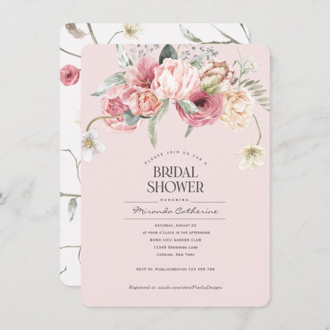 Invitation boho rose floral chic floral nuptiale (Devant / Derrière)