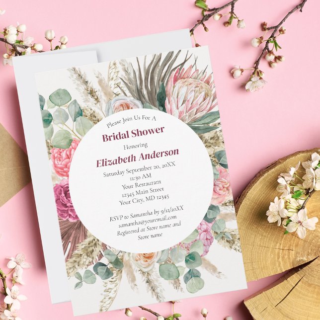 Invitation Boho Rose Floral Eucalyptus Fête des mariées verte (Créateur téléchargé)