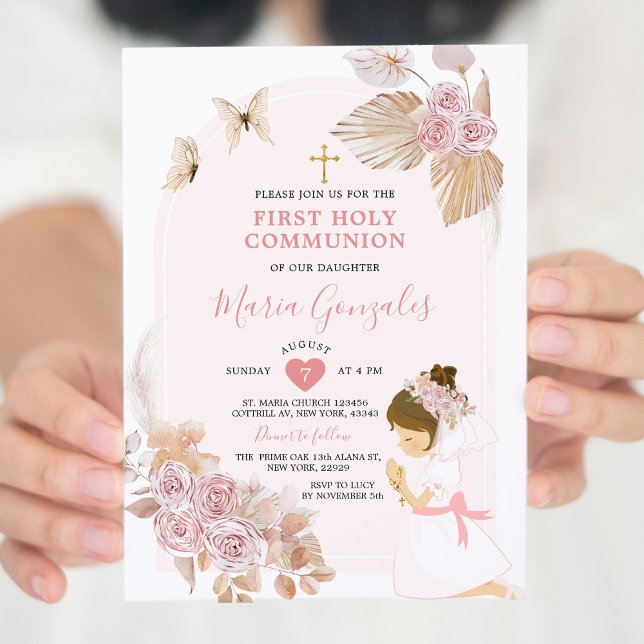Invitation Boho Rose Floral Girl Première Sainte Communion (Créateur téléchargé)