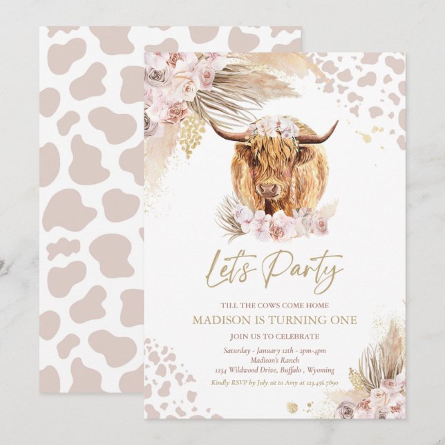 Invitation Boho Rose Floral Pampas Grass Highland Cow Party (Devant / Derrière)