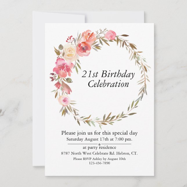 Invitation Boho Rose Floral, Personnalisable 21 Anniversaire (Devant)