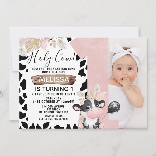 Invitation Boho rose Floral Photo Vache sainte 1er anniversai (Devant)