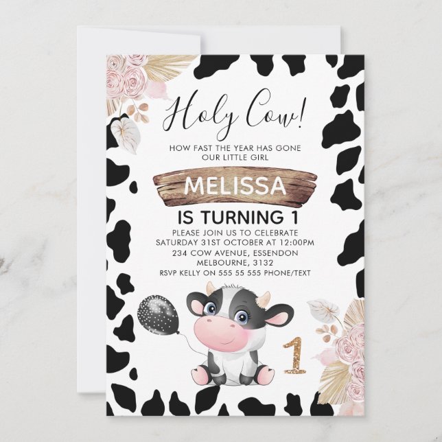 Invitation Boho rose Floral Vache sainte 1er anniversaire Inv (Devant)