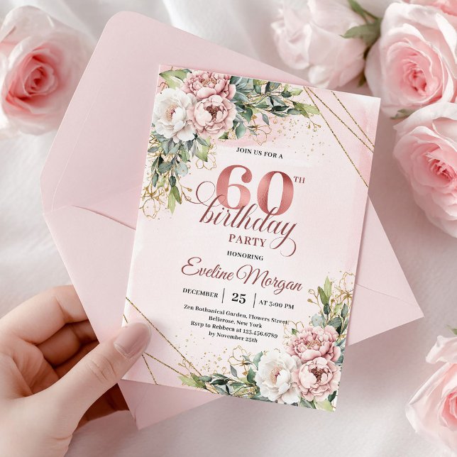 Invitation Boho Rose Gold Shimmering Blush Pink 60th Birthday (Rose Gold Shimmering Blush Pink 60th Birthday Invite)