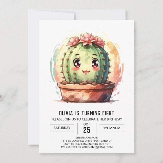 Invitation Boho Rose Joyeux Cactus fille Anniversaire (Devant)