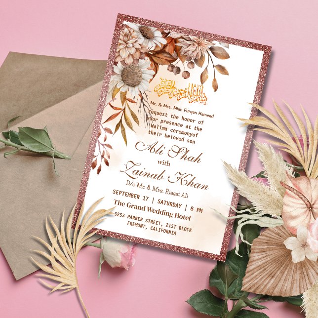Invitation Boho Rose or Floral Walima Mariage islamique (Créateur téléchargé)