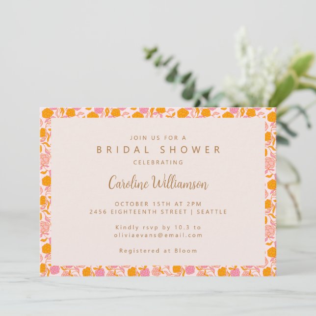 Invitation Boho Rose Orange Floral Cute Fête des mariées (Debout devant)