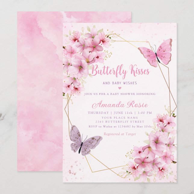 Invitation Boho rose papillon floral Baisers Baby shower fill (Devant / Derrière)