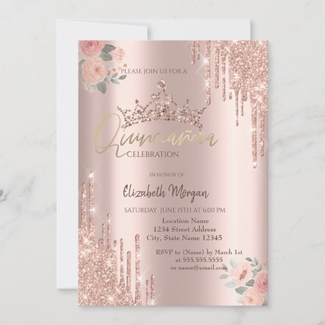 Invitation Boho Rose Parties scintillant Couronne Drop Quince (Devant)